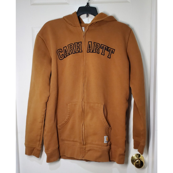 Carhartt Brown Full-Zip Hoodie XL Logo Sweatshirt Workwear Cotton Blend - Picture 1 of 11